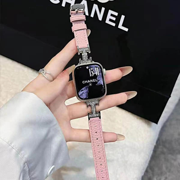 Metal diamond-studded H-mark leather strap